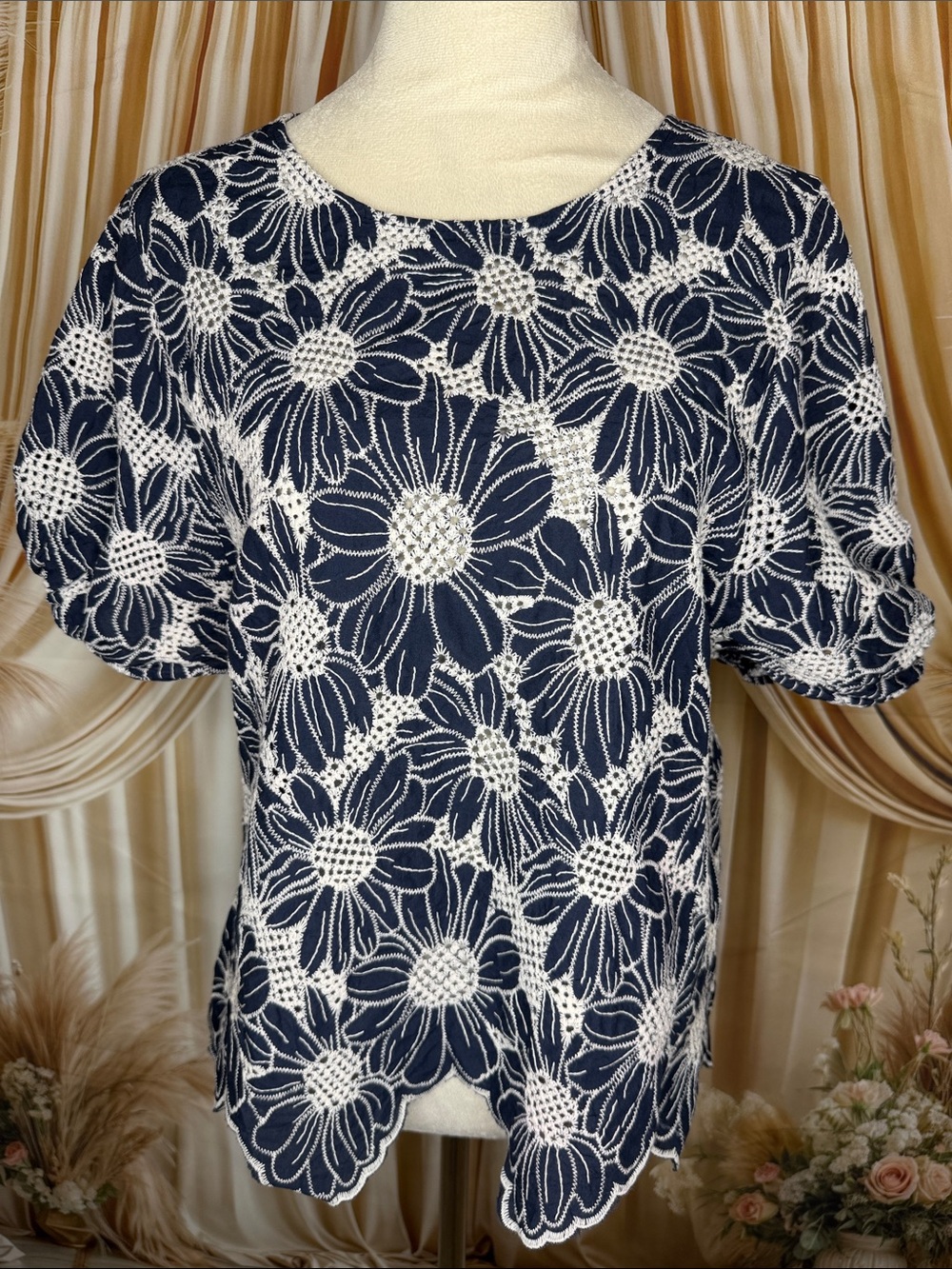 Solitaire Navy and White Floral Embroidered Top